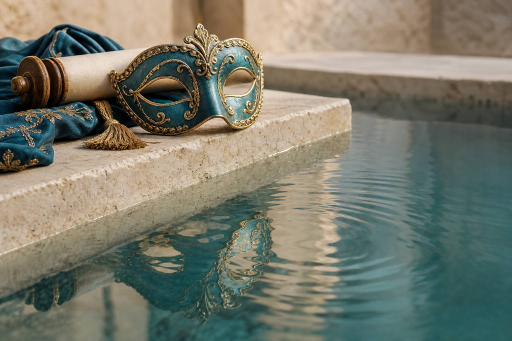 A Purim mask and Megillah reflected in mikvah water