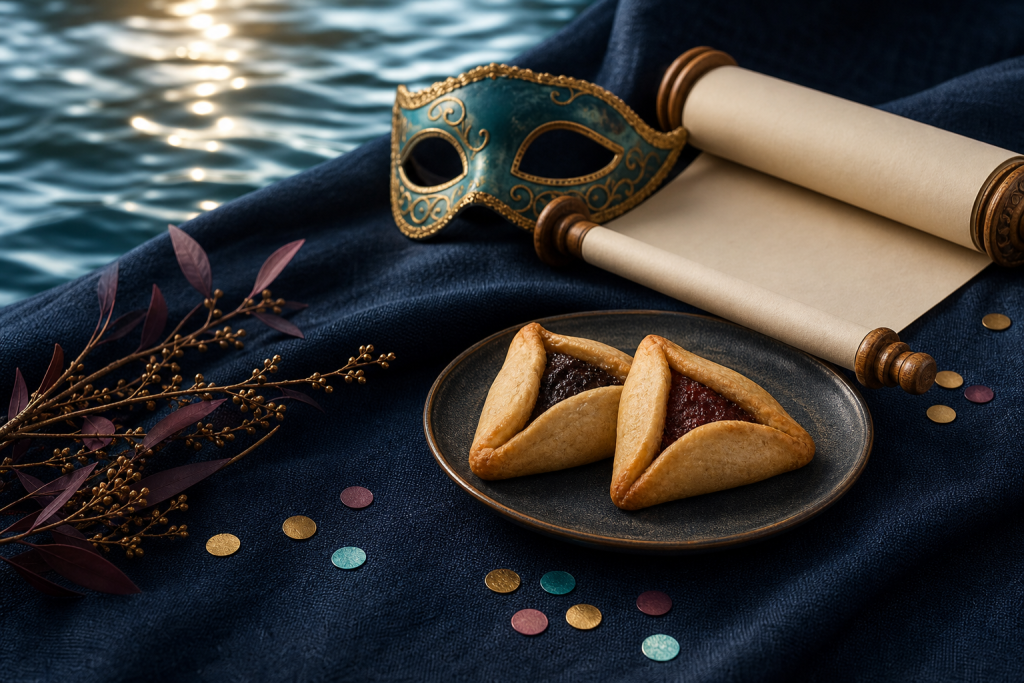 Purim mask, Megillah, and hamantaschen beside reflective water