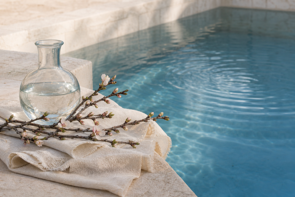 Budding almond branches and a glass water vessel beside a calm mikvah